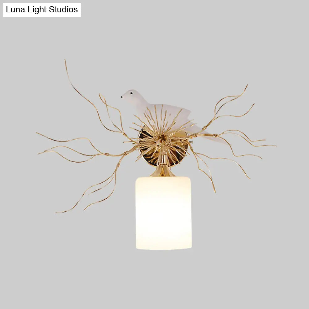 1-Head White Glass Wall Lamp For Bedroom - Loft Cylinder Lighting With Bird Accent