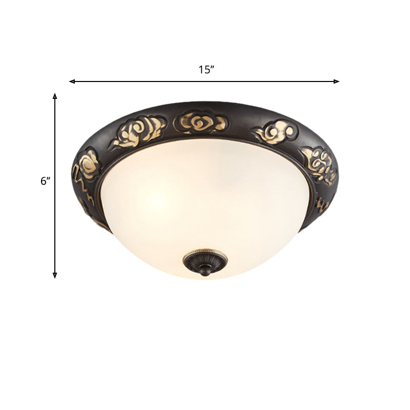 Retro Flush Mount Ceiling Lamp - 15/19.5 Milk Glass Black-Gold Dome Shape 3/4 Lights Bedroom Fixture