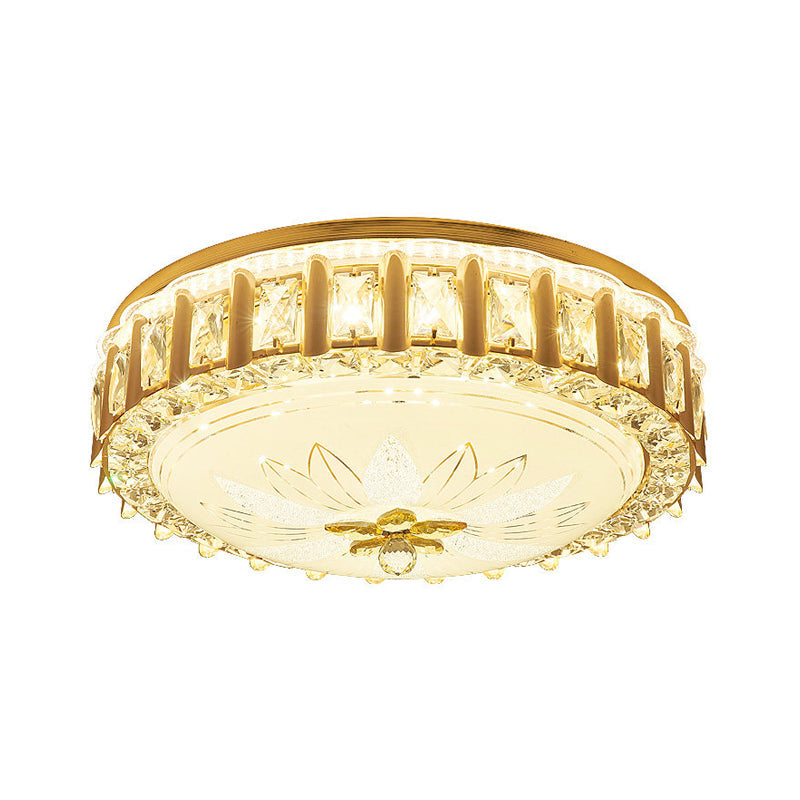 Modernist Gold Led Flush Mount Ceiling Light With Faceted Crystal Drum Shade - Bedroom Lighting