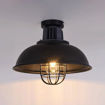 Vintage Wire Cage Ceiling Light With Semi-Flush Mount & Bowl Shade In Black