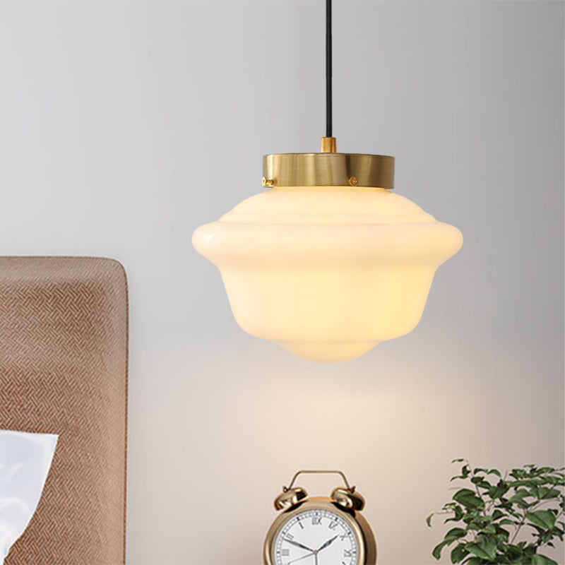 Minimalist White Glass Pendant Ceiling Light Gyro Shape Single Brass Hanging Design For Restaurants