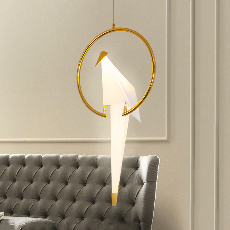 Contemporary White Birdie Led Pendant Light With Metal Ring In Warm/White /
