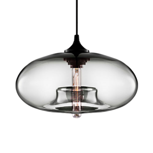 Contemporary 1-Light Oval Glass Hanging Lamp - Red/Brown/Blue Ceiling Light Smoke Gray