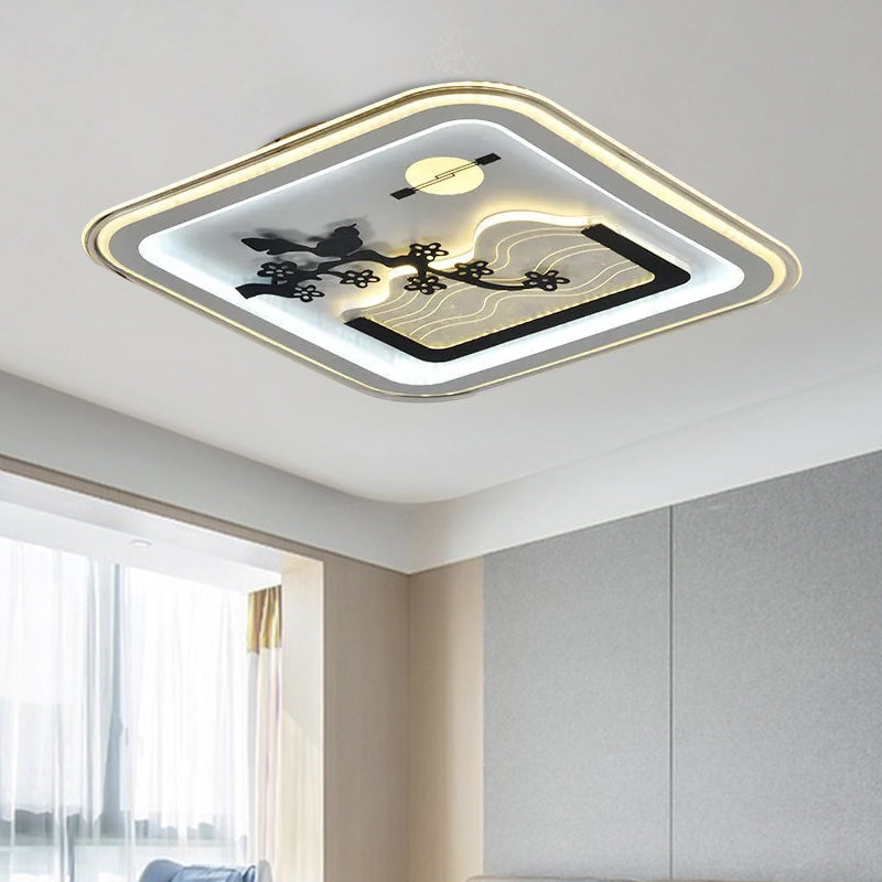 Modern Square Flushmount Led Lamp With Tree Pattern In White - Bedroom Fixture / C