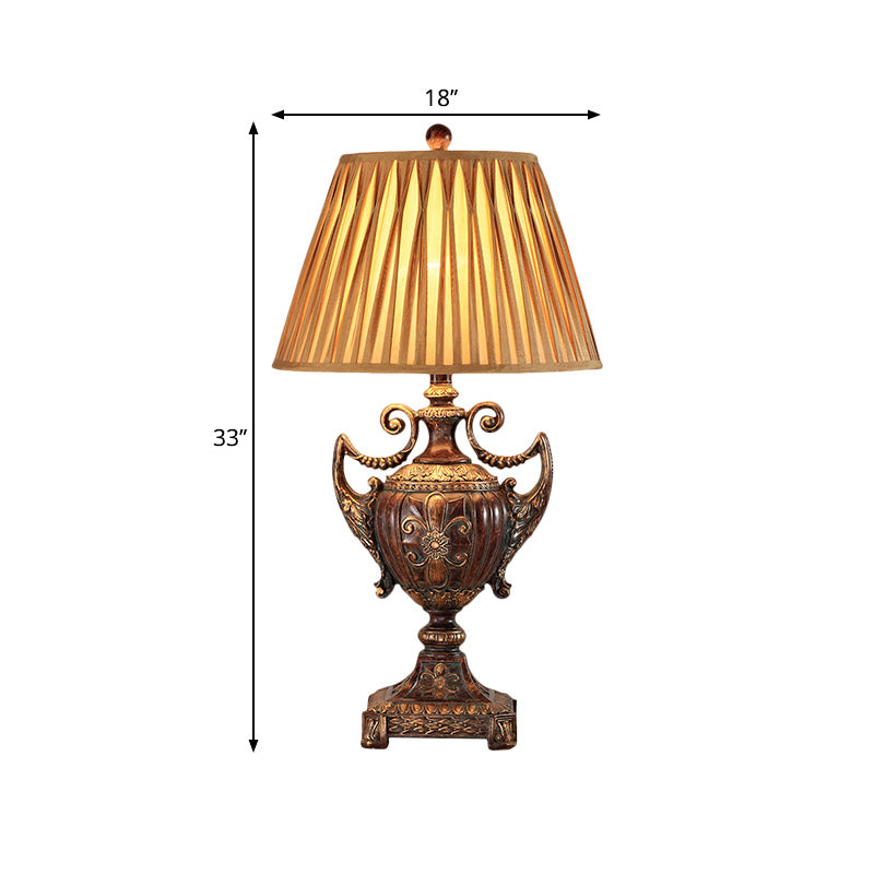 Traditional Pleated Conical Shade Table Lamp - Brown Fabric 1 Bulb Desk Light For Living Room
Note: