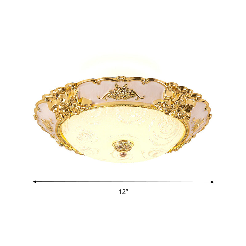 Country Textured Glass Flush Mount Light - Led Gold Bowl Living Room Lighting (12’/16’/19.5’ W)