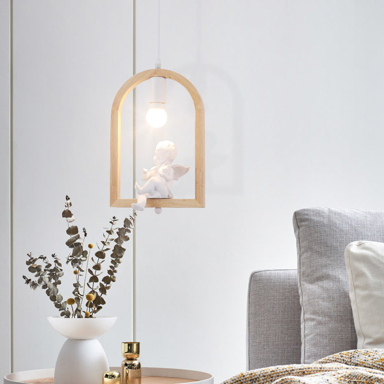 Modern Pigeon Deco Wood Pendant Lamp: Arch Shelf Stairway Hanging Light In Beige