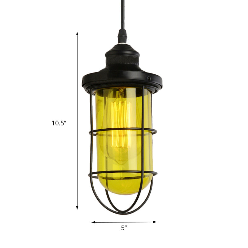 Vintage Black Single-Bulb Pendant Ceiling Light Fixture With Yellow/Green/Clear Glass Cage For
