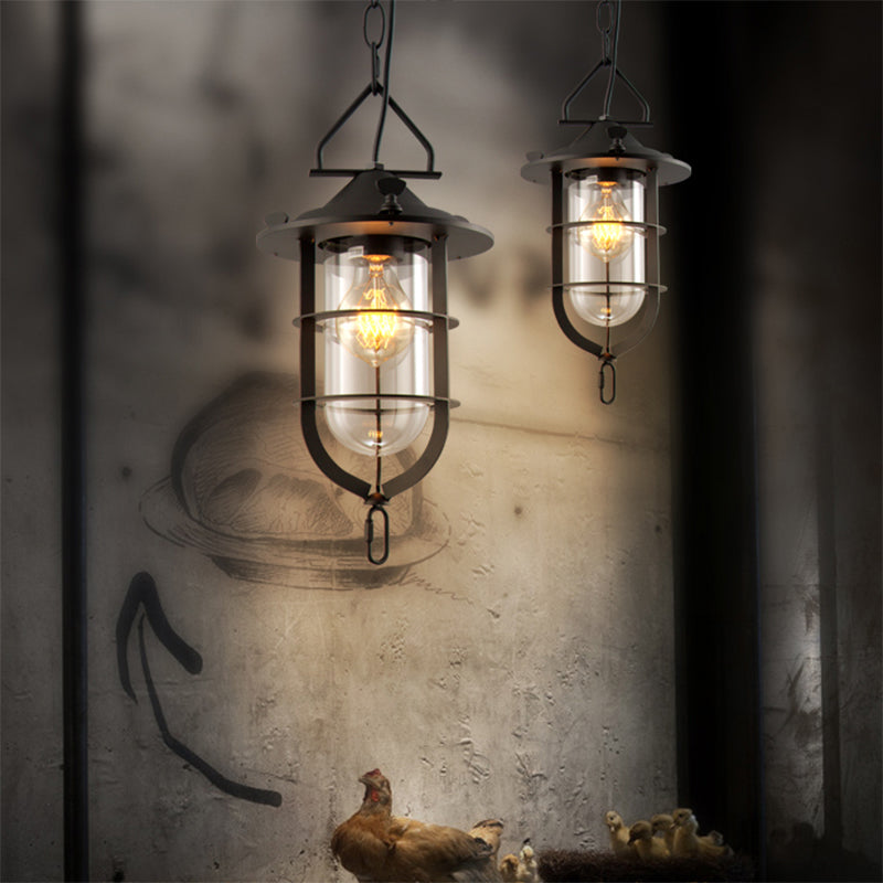 Vintage Black/Rust Cone Ceiling Pendant Lamp With Clear Glass & Cage - Ideal For Living Room Black