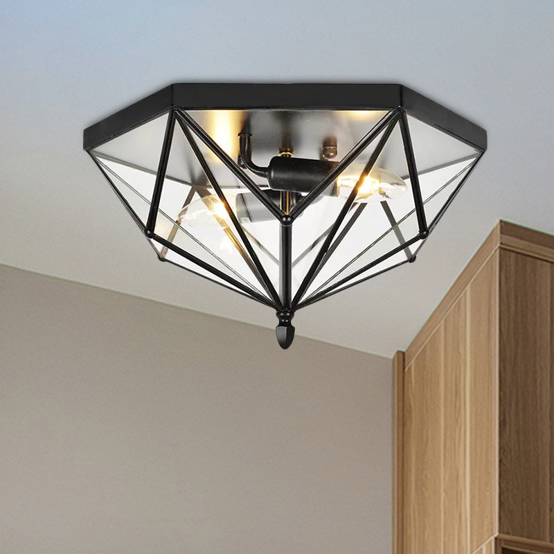 Vintage Polyhedron Clear Glass Ceiling Light - Single Bulb Flushmount In Black For Foyer