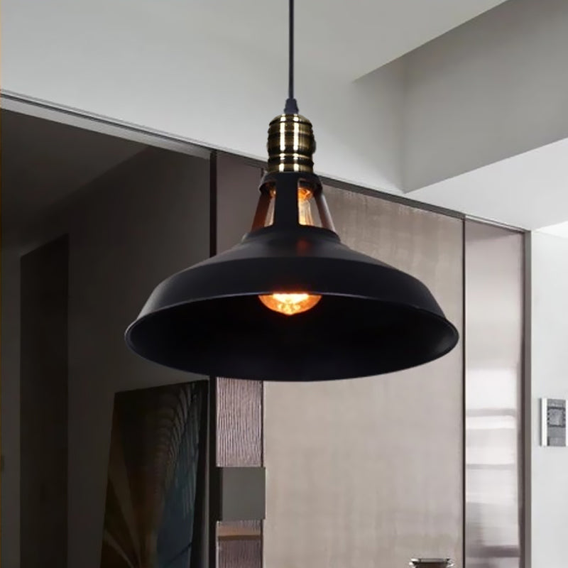 1-Head Barn Pendant Lighting - Industrial Black/White Metallic Suspension Light 10.5/12/15 Inch Dia