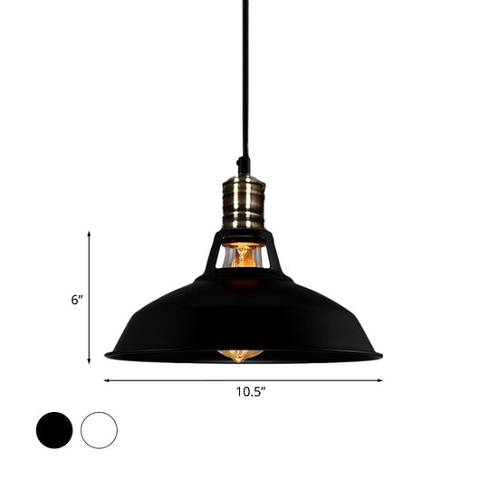 1-Head Barn Pendant Lighting - Industrial Black/White Metallic Suspension Light 10.5/12/15 Inch Dia