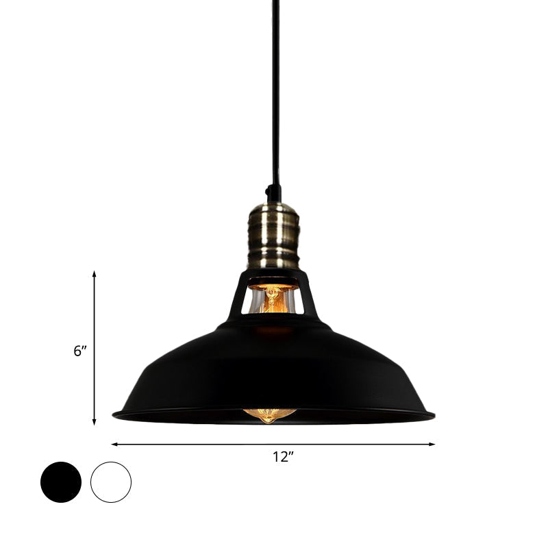 1-Head Barn Pendant Lighting - Industrial Black/White Metallic Suspension Light 10.5/12/15 Inch Dia
