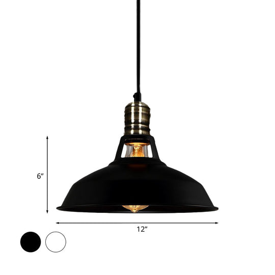 1-Head Barn Pendant Lighting - Industrial Black/White Metallic Suspension Light 10.5/12/15 Inch Dia