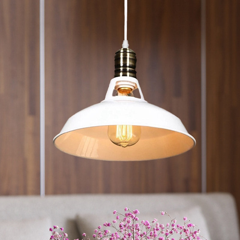 1-Head Barn Pendant Lighting - Industrial Black/White Metallic Suspension Light 10.5/12/15 Inch Dia