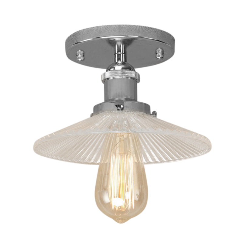 Semi Mount Ribbed Glass Cone Ceiling Light In Black/Brass/Copper - Industrial Style For Living Room