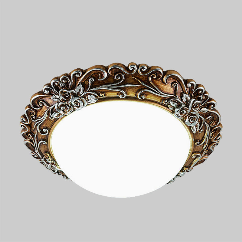 Milky Glass Led Ceiling Fixture - Traditional Semi-Orb Flush Mount Light With White And Gold/Brown
