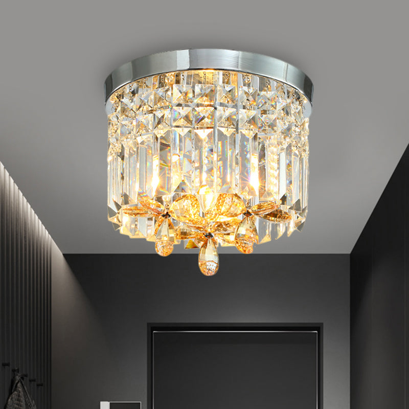 Chrome Cylinder Crystal Led Flush Light For Doorway - 10/15.5 Wide