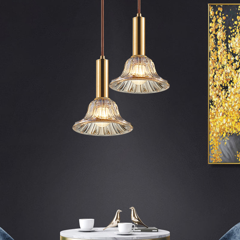 Modern Clear/Smoke Gray/Cognac Crystal Bell Pendant Light Fixture Gold Down Lighting Cognac