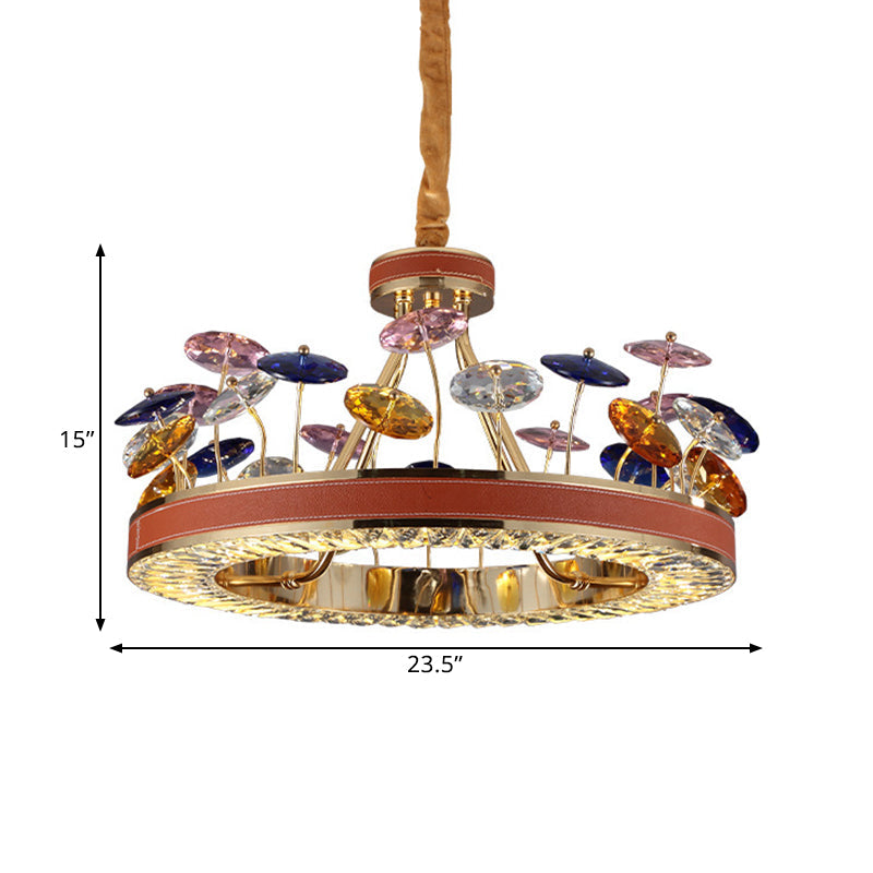 Macaron Crystal Bedroom Chandelier Pendant Light - Red Hoop Led Hanging Lamp With Colorful Mushroom