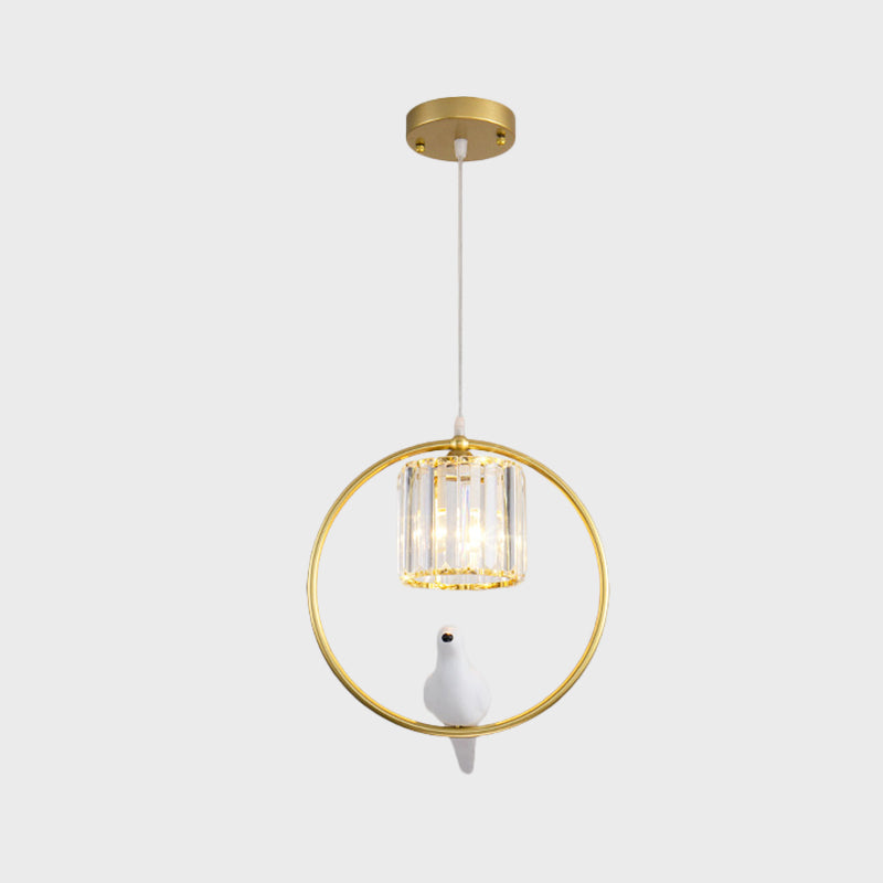 Black/Gold Hoop Pendulum Modern Pendant Light With Bird And Cylinder Crystal Shade