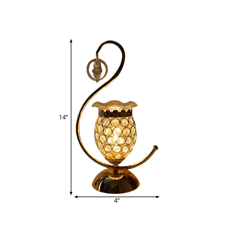 Modern Crystal-Encrusted Table Lamp With Curved Arm - Cube/Flower Shape Nightstand Light [Gold