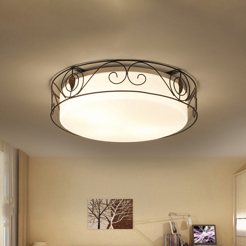 Antique Circular White Glass Flush Mount Light With 4-Heads & Wire Cage