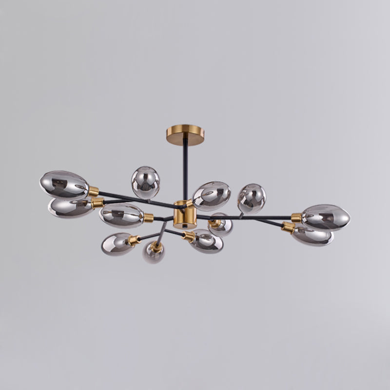 Vintage Brass Semi Mount Close To Ceiling Light With Smoke Grey Glass Shade - 12-Bulb Parlor