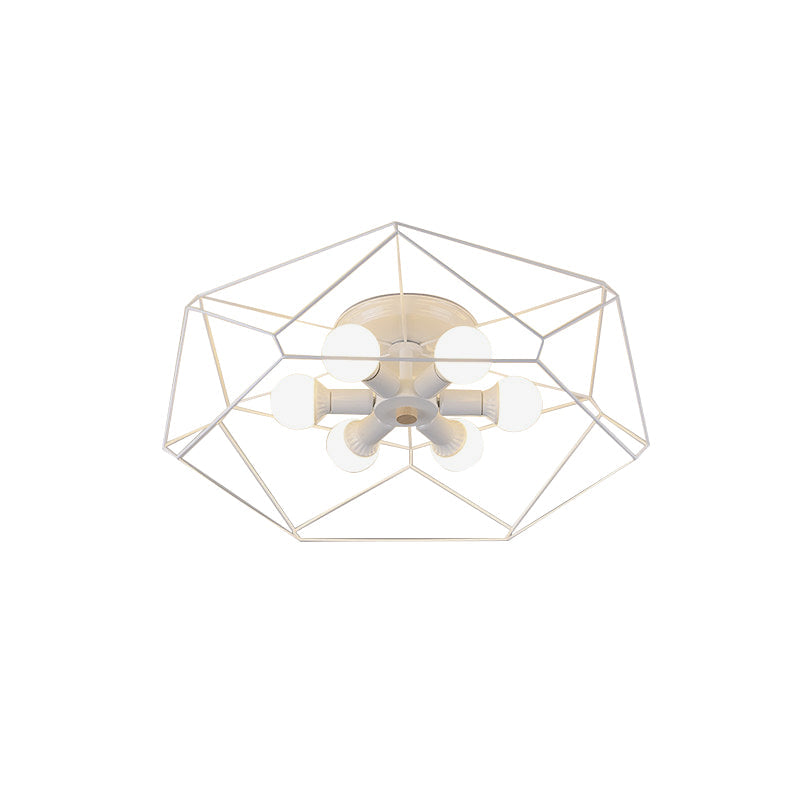 Nordic Iron Flush Mount Ceiling Light With Hexagon Cage | White| 3/6 Bare Bulb-Lit Fixtures