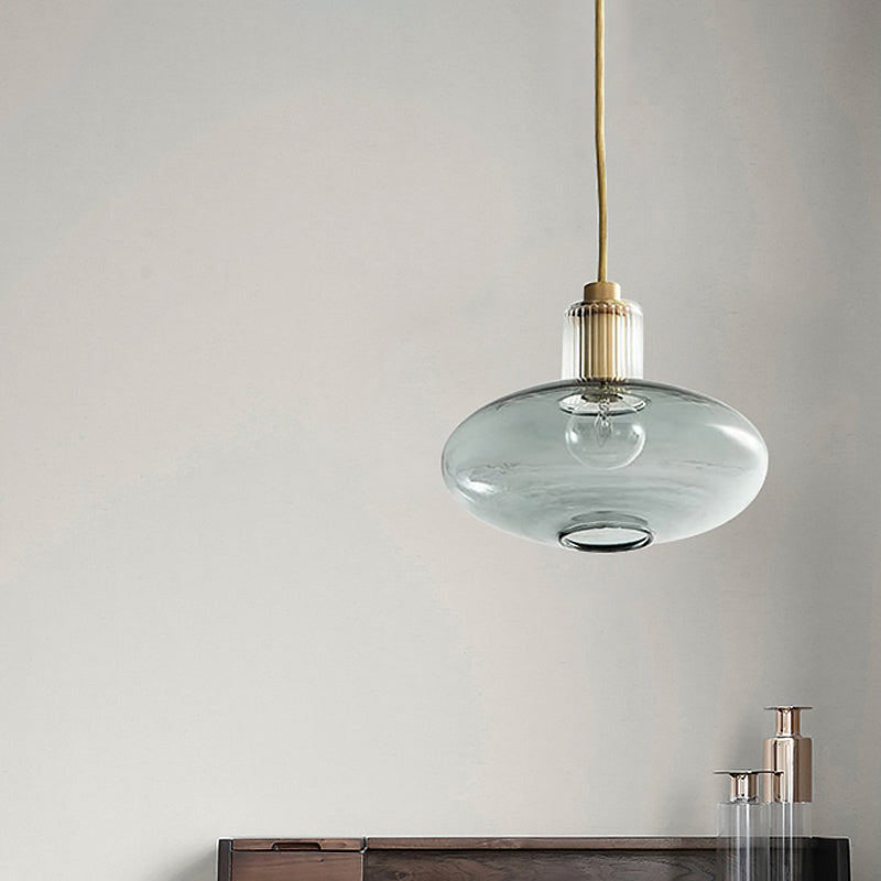 Mid Century Blue Glass Oval Hanging Light - Brass Accents Dining Room Pendant Lighting 1 Bulb Gold