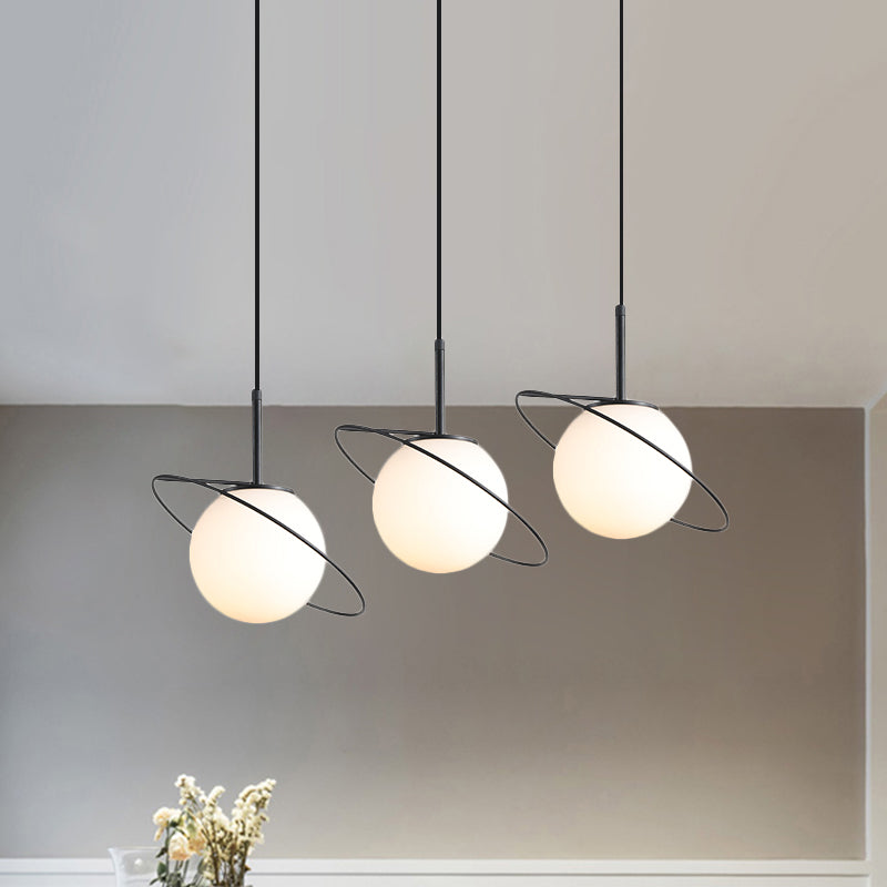 Opal Glass Planet Pendant: Postmodern Matte Black Multi-Light Hanging Lamp Kit For Dining Table 3