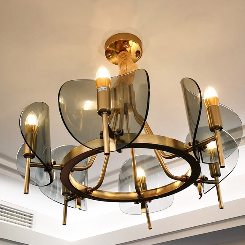 Mid-Century Curved Glass Chandelier Lamp - 6/8-Bulb Gold Hanging Light Fixture With Open Bulb Design