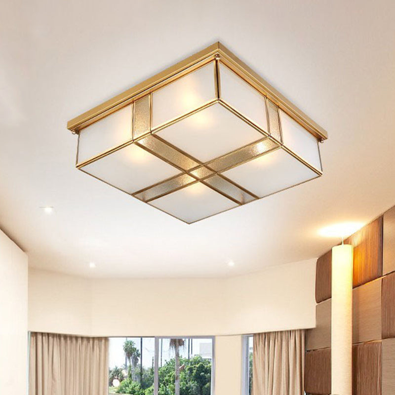 Brass Opal Glass Ceiling Light Fixture - 2-Bulb Cubic Flush Mount Lamp For Bedroom