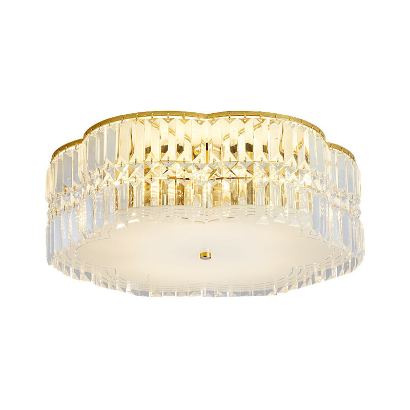 Golden Flower Flush Led Pendant Light With Modern Clear Crystal Design And Acrylic Diffuser -