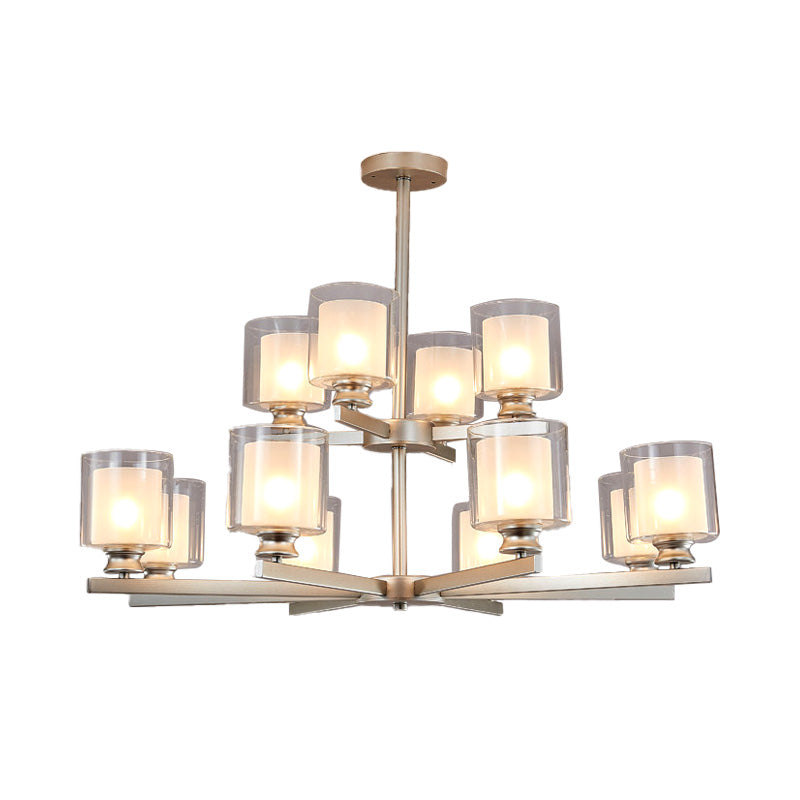 Modern 2-Tier White Glass Chandelier: Radial Design 12 Lights Black/Gold/Silver