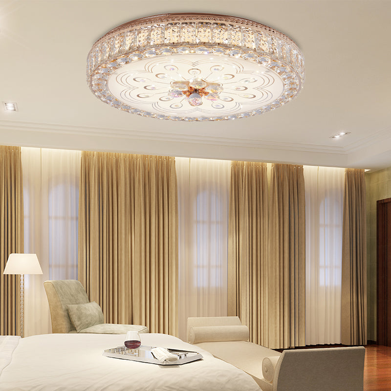 Gold Metal And Crystal Led Flushed Ceiling Light With Peacock/Floral Pattern - 16/19.5 Wide