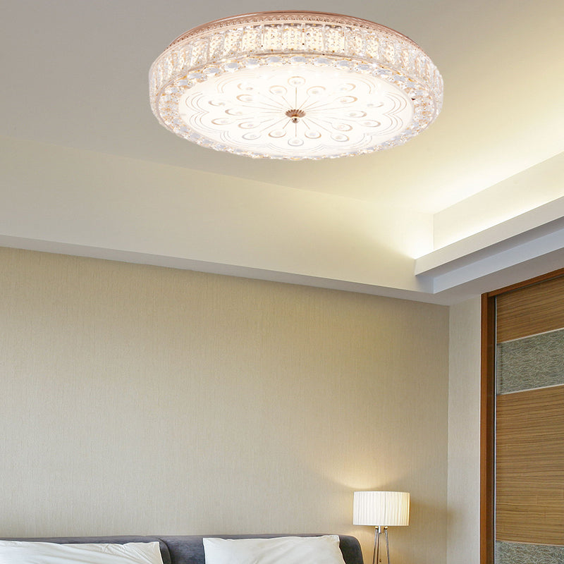 Gold Metal And Crystal Led Flushed Ceiling Light With Peacock/Floral Pattern - 16/19.5 Wide