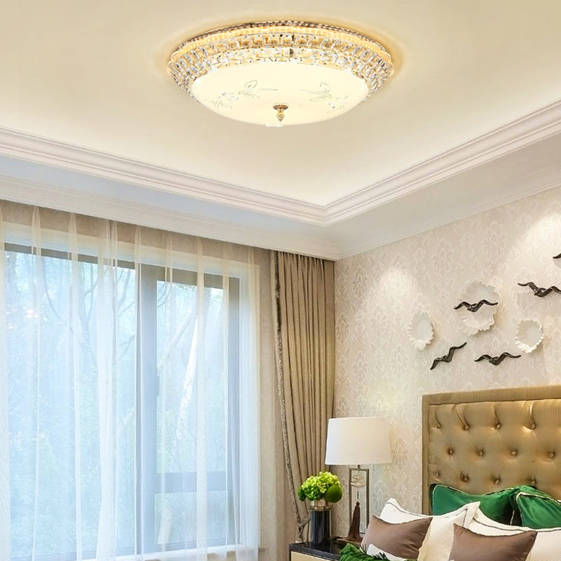 Modernist White Glass And Clear Crystal Led Flush Pendant Light For Bedroom - 12/16 Diameter