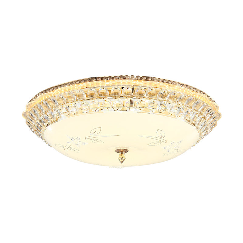 Modernist White Glass And Clear Crystal Led Flush Pendant Light For Bedroom - 12/16 Diameter