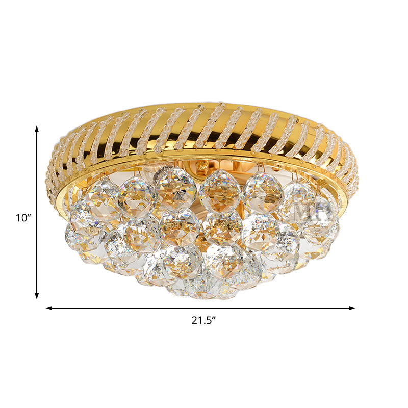 Modern Gold Flush Mount Chandelier With Crystal Ball & Round Shade - 14/18 W 3/4/5 Heads