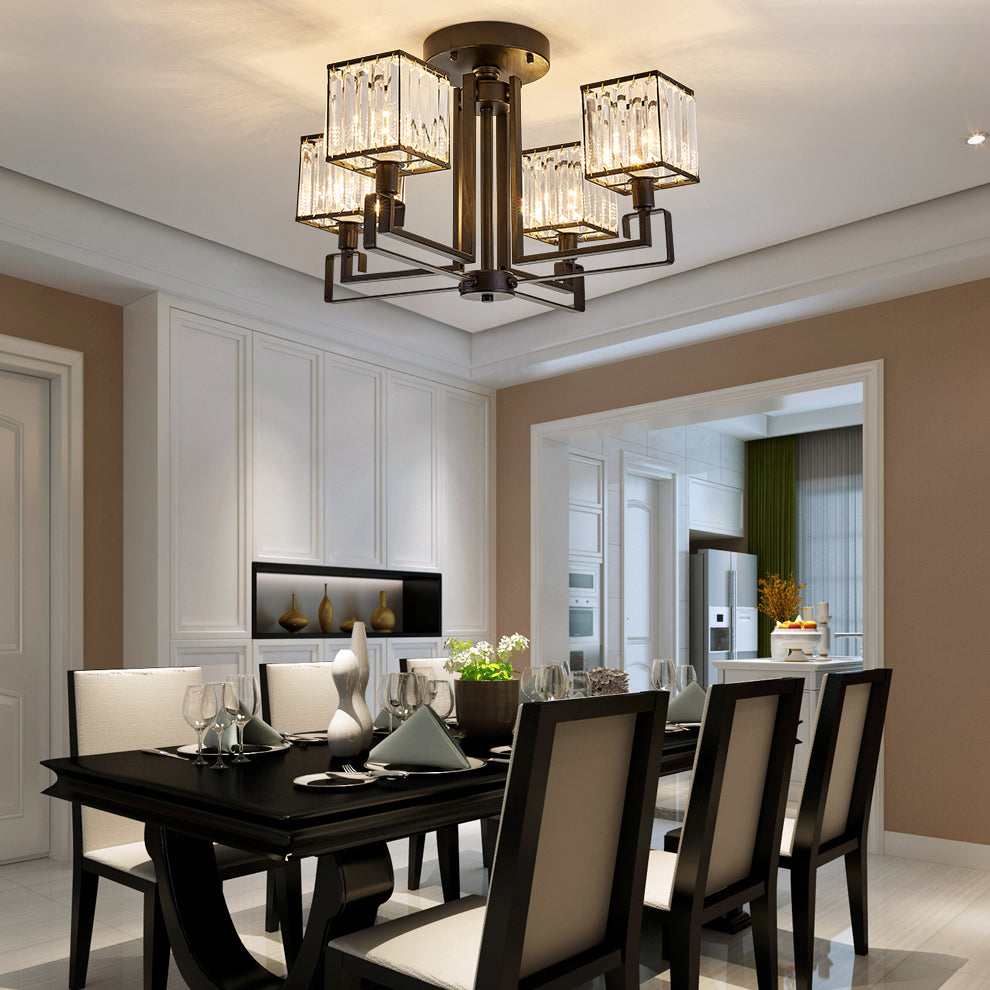 Vintage Style Black Square Metal Ceiling Light Fixture With Crystal Prism - 4/6/8 Lights Ideal For