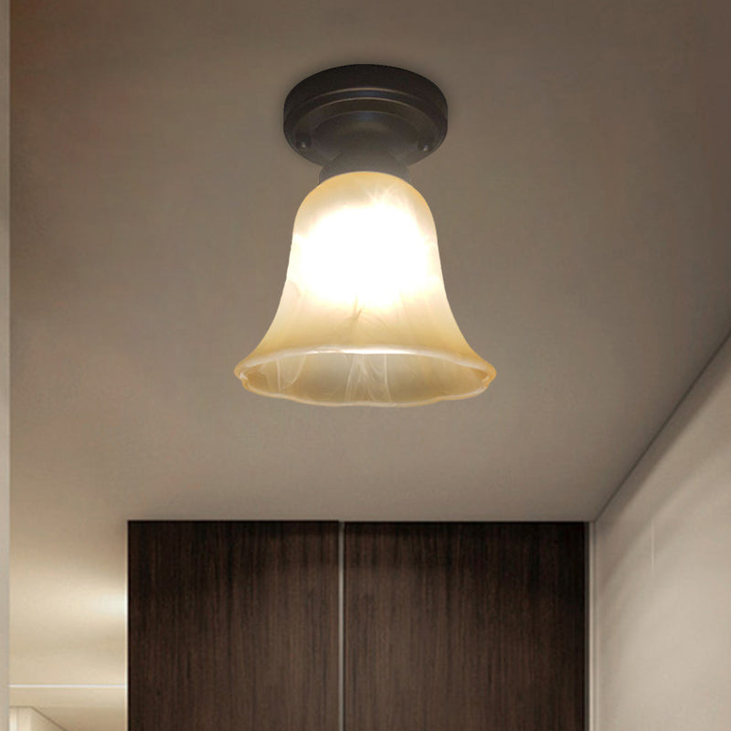 Antiqued Black Single Bulb Ceiling Light With Milky Glass Bell Shape Flush Mount Lighting