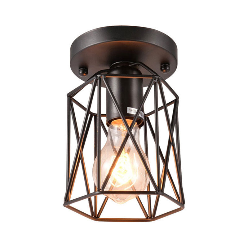 Vintage Style Black Wire Cage Semi Flush Light Ceiling Mounted Fixture For Kitchen
