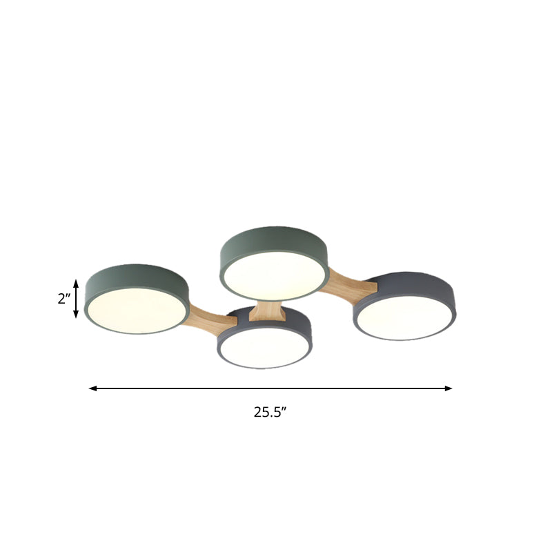 Nordic Wood And Metal Flush Ceiling Light - Round Grey Shade 3/4/5 Lights Ideal For Bedroom