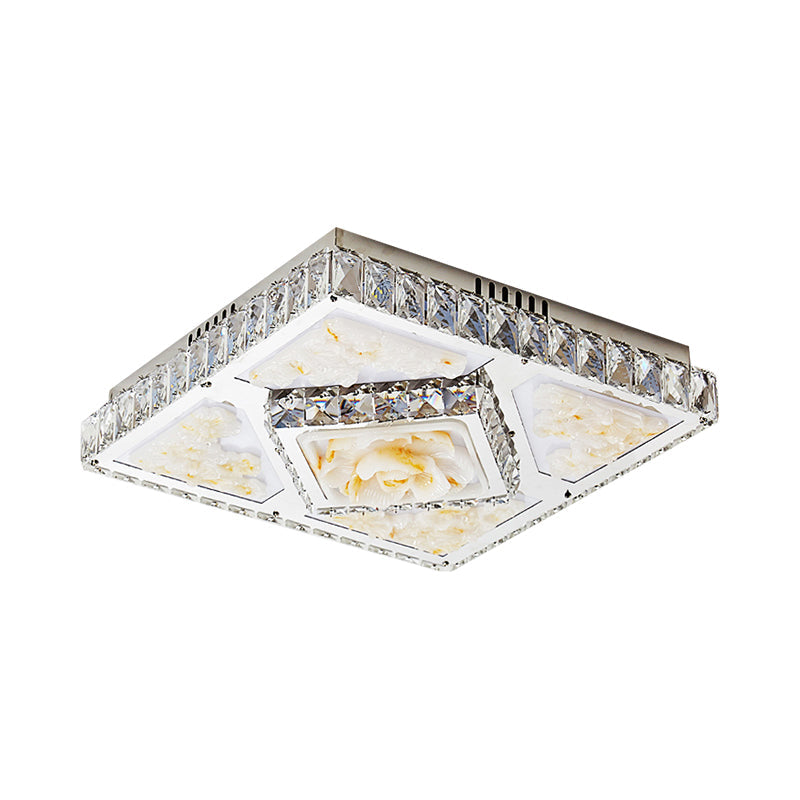 Simplicity Flushmount With Jade Lotus Design In Chrome - Square Bedroom Ceiling Led Crystal Flush