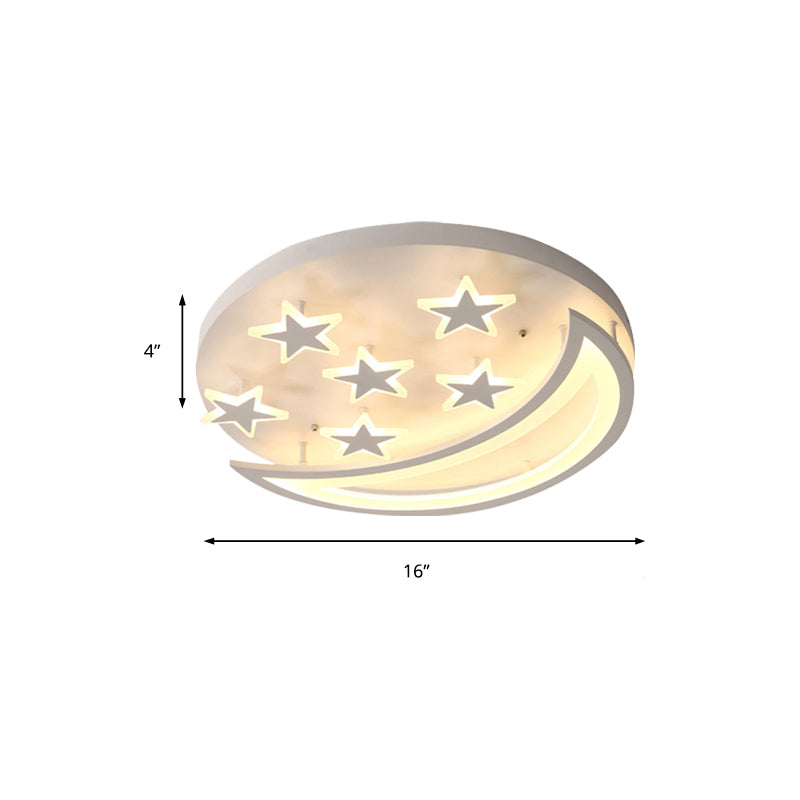 White Metal Moon And Star Flush Ceiling Light For Kids Cartoon Bedroom