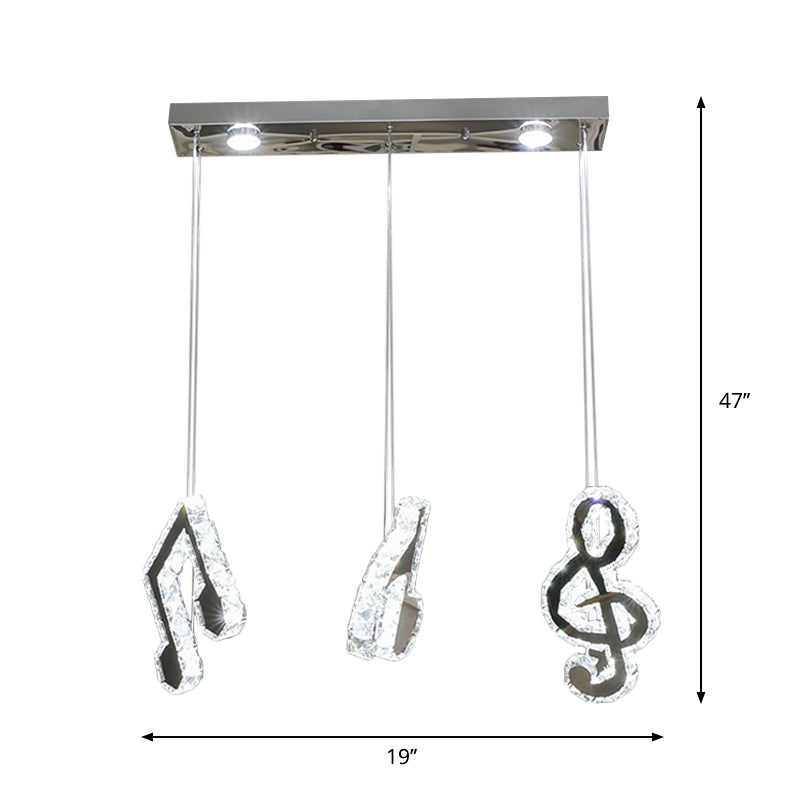 Minimalist Cut Crystal Led Pendant Light With Musical Note Suspension - Stainless Steel Lamp