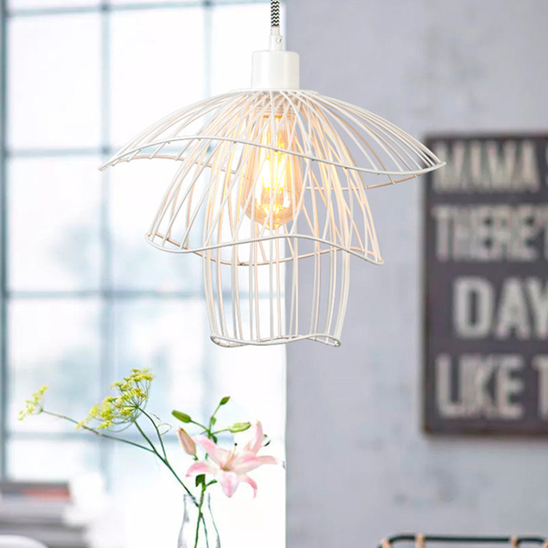 Modern 3-Tier Steel Cage Ceiling Pendant Light In Black/White/Green