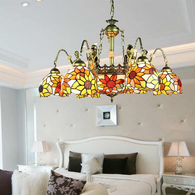 9/11 Lights Tiffany Sunflower Cut Glass Chandelier Pendant Lamp - Orange For Bedroom