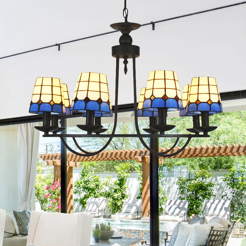 Tiffany Blue Glass Lattice Bucket Chandelier With Multiple Hanging Heads - Ideal For Hotels And